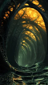 Bioluminescent cathedral tunnel of tangled alien roots.