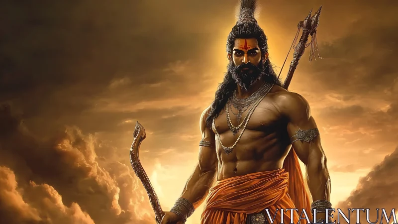 Warrior sage stands powerful under storm-lit golden sky.