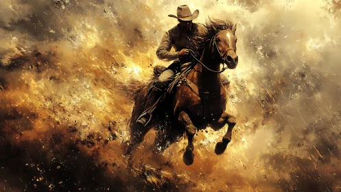 Dynamic digital painting of galloping cowboy and rearing horse
