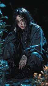 Nocturnal streetwear portrait with moody cyan rim lighting.