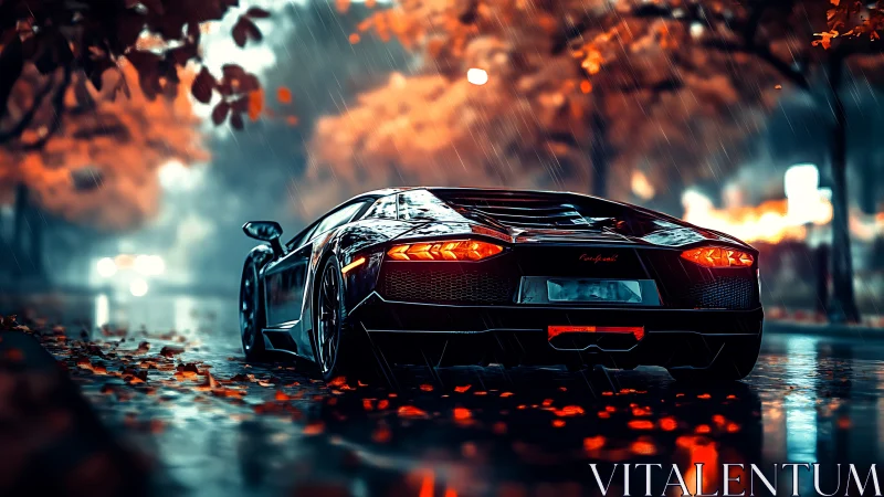 Midnight supercar glides through glowing autumn rain streets