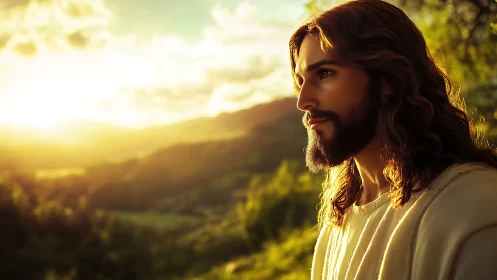 Serene robed man gazes over glowing hills at golden sunrise