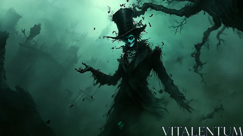 Eerie skeletal gentleman strolling through misty ruins.