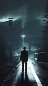 Silhouette on wet road facing distant vertical light beam.