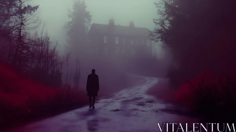 Solitary figure on wet forest road toward distant house.