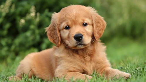 Golden retriever puppy lying on grass outdoors.