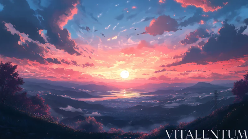 Gentle sunset glow over peaceful valleys and distant hills.