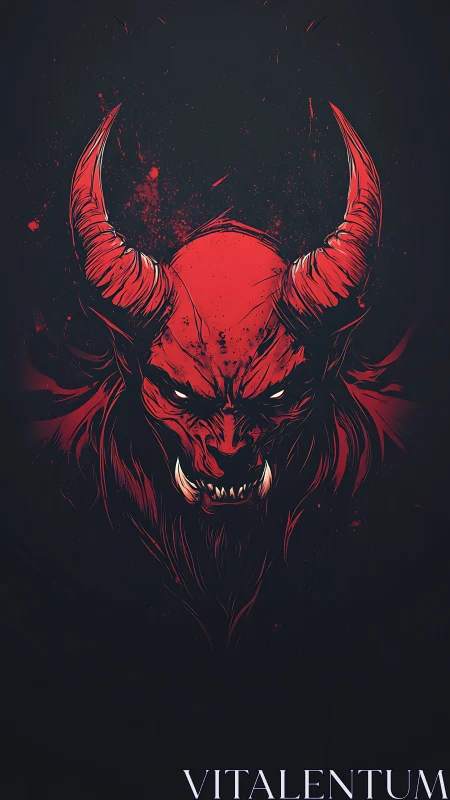 Fierce crimson horned demon portrait on deep dark void.