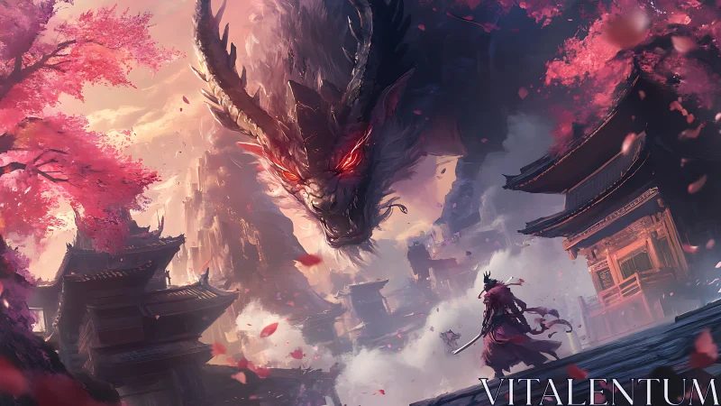 Samurai confronting colossal red-eyed dragon amid sakura storm