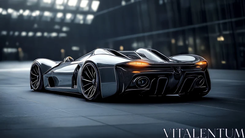 Sleek midnight supercar glides through a softly lit city lane