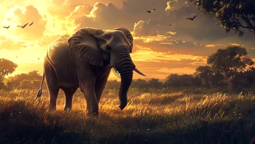African elephant in tall grass under warm sunset light.