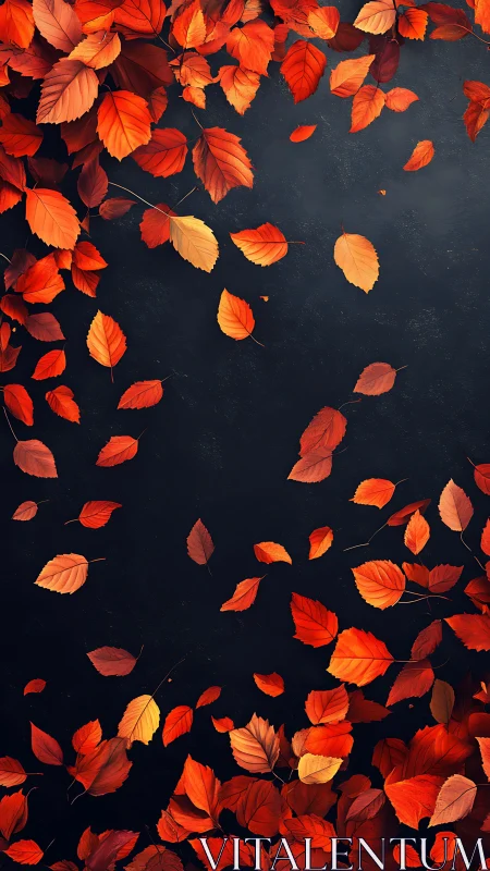 Crimson autumn leaves drift gently across deep charcoal space