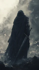 Lone shadowed warrior pausing within a storm of swirling mist.