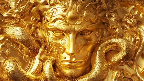 Golden serpentine face sculpture with ornate surface detail.