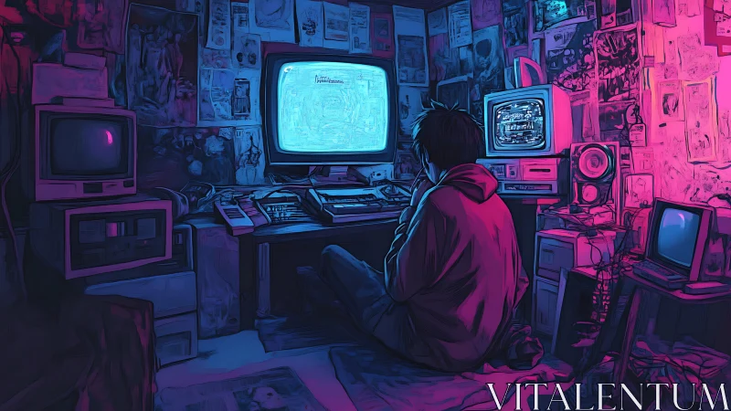 Retro hacker immersed in neon-lit underground workstation
