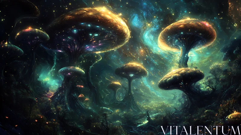 Bioluminescent mushroom colossi in a cosmic forest nightscape.