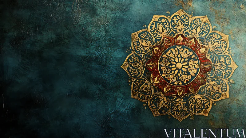 Gold ornamental mandala on textured teal background.