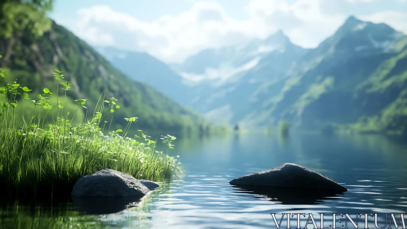 Mountain lake shoreline with stones and distant snowy peaks.