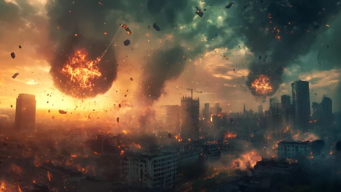 Meteor firestorms tear through a collapsing modern cityscape.