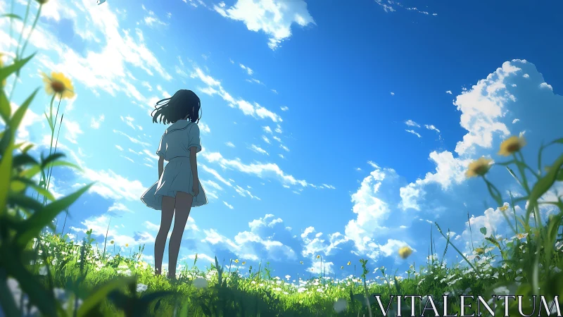 Girl standing in flower field under expansive blue sky.