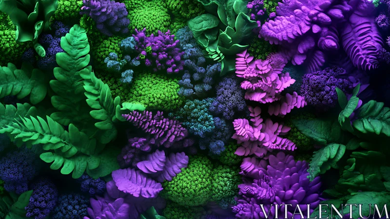 Complex organic forms display structured green and violet clusters