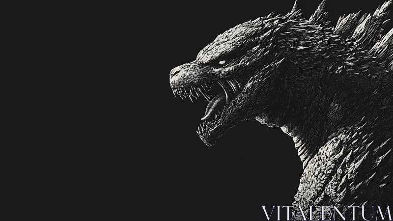 Monochrome kaiju profile rendered as high-contrast digital etching.