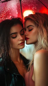 Intimate Portrait Under Red Neon Glow with Wet Glass Bokeh.