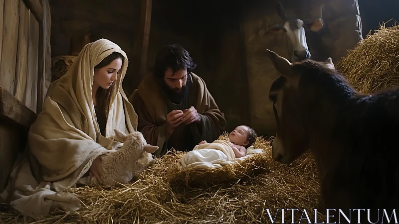 Nativity scene in warm lamplight honors the newborn child.