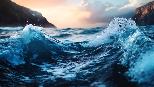 Storm-kissed sapphire waves chasing a fading sunset glow.