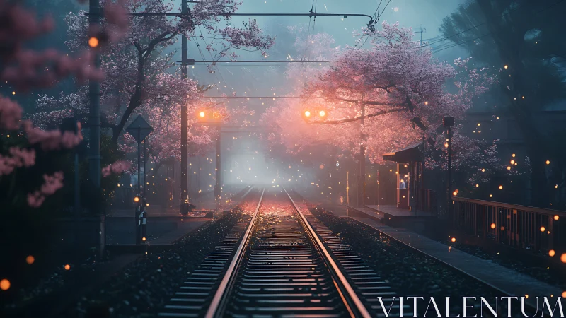 Railway tracks under cherry blossoms in evening mist.