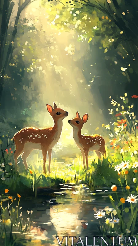 Digital painting of twin fawns in luminous forest clearing.