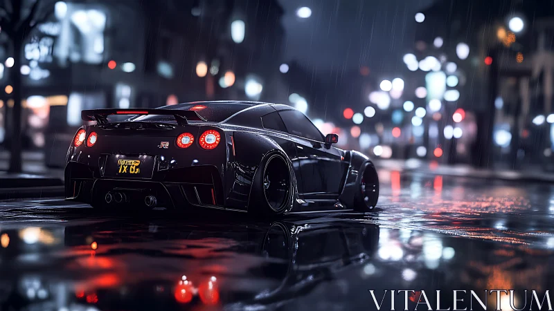 Midnight supercar hums through neon rain and mirror streets