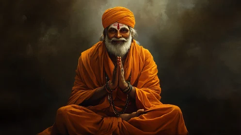 Orange-robed holy man in namaste pose, warm chiaroscuro lighting.