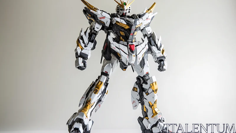 White mecha model with gold armor accents on neutral backdrop.