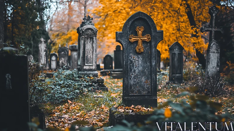 Autumn-lit graveyard of rusted crosses and quiet echoes.