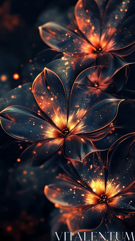 Glowing abstract flowers with fiery orange light effects.
