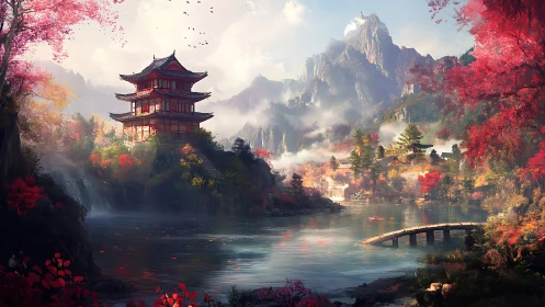 Serene red pagoda rises above misty autumn mountain lake.