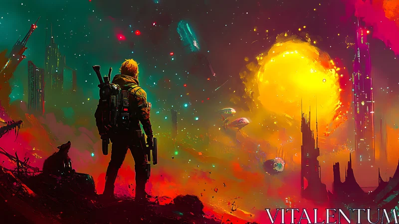 Lone space explorer surveys neon-lit alien megastructures at dusk