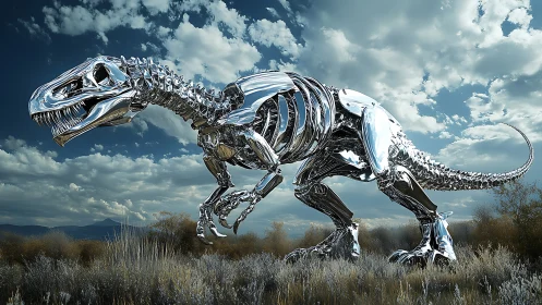 Chrome thunder lizard strides beneath storm-bright desert sky.