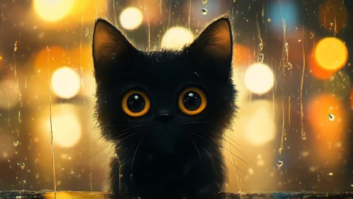 A Curious Black Cat with Golden Eyes in the Rain.