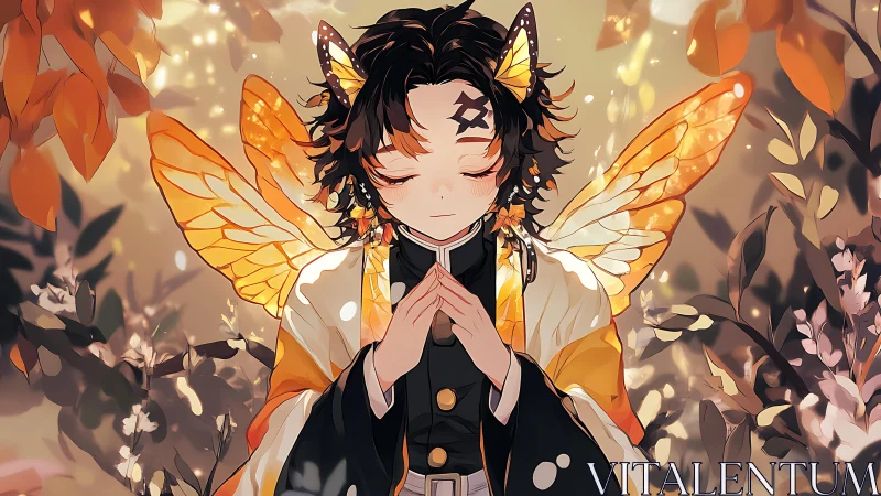 Anime butterfly-winged mystic in autumnal forest framing.