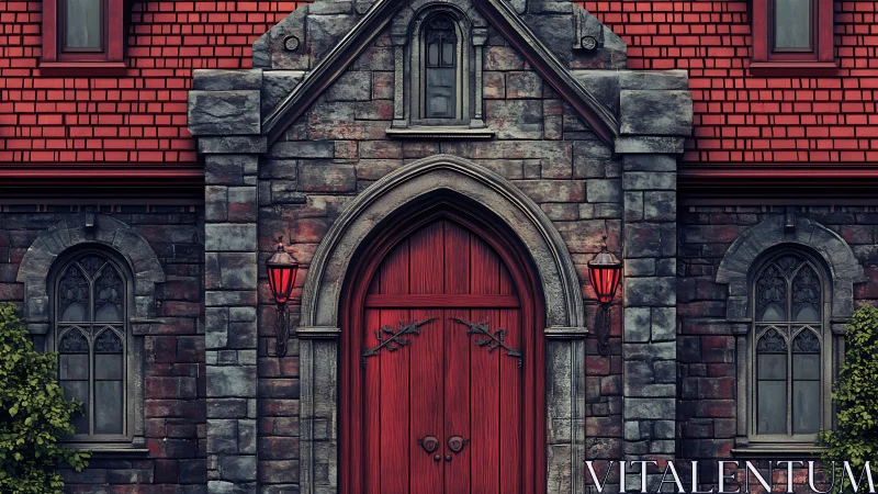 Gothic stone facade with red arched door and twin sconces