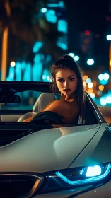 Nocturnal portrait unites driver, luxury cabriolet and bokeh neon glow