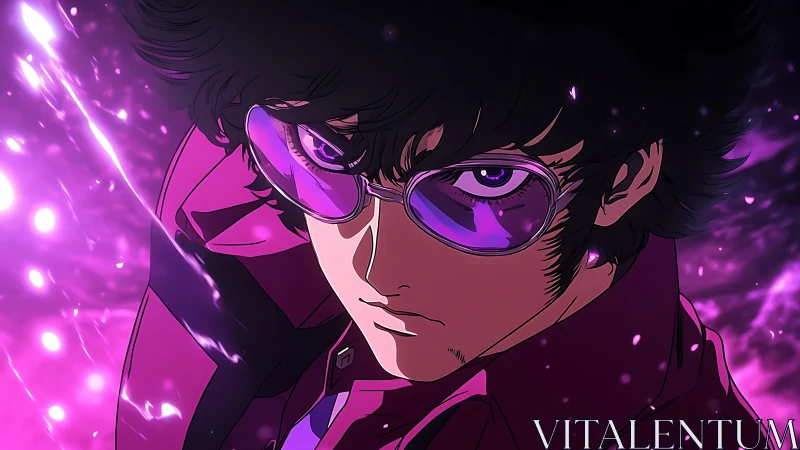 Intense anime hero portrait in magenta energy storm.