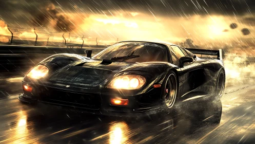 Midnight supercar sprinting through cinematic storm rain.