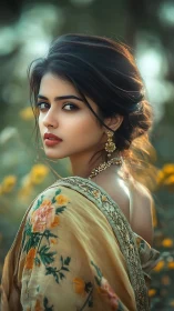 Portrait of woman in floral shawl with soft background.