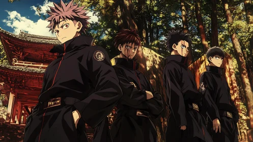 Four uniformed anime warriors stand in sunlit forest shrine