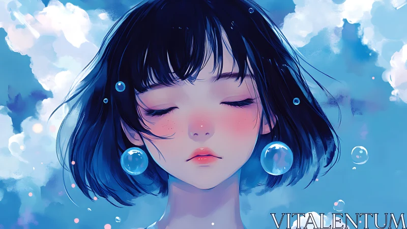 Dreamy blue portrait of serene girl with closed eyes.