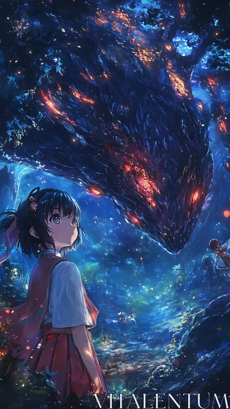 Girl observes large glowing creature in stylized night forest