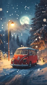 Retro van under moonlit snowfall with warm streetlamp contrast